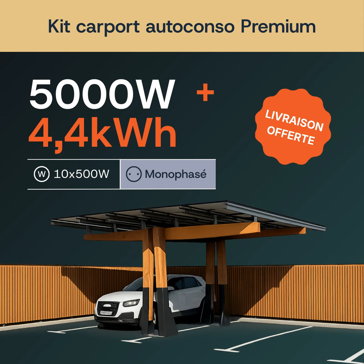 Carport solaire K2 Bois 5 kWc + batterie 4,4 kWh Enphase monophasé