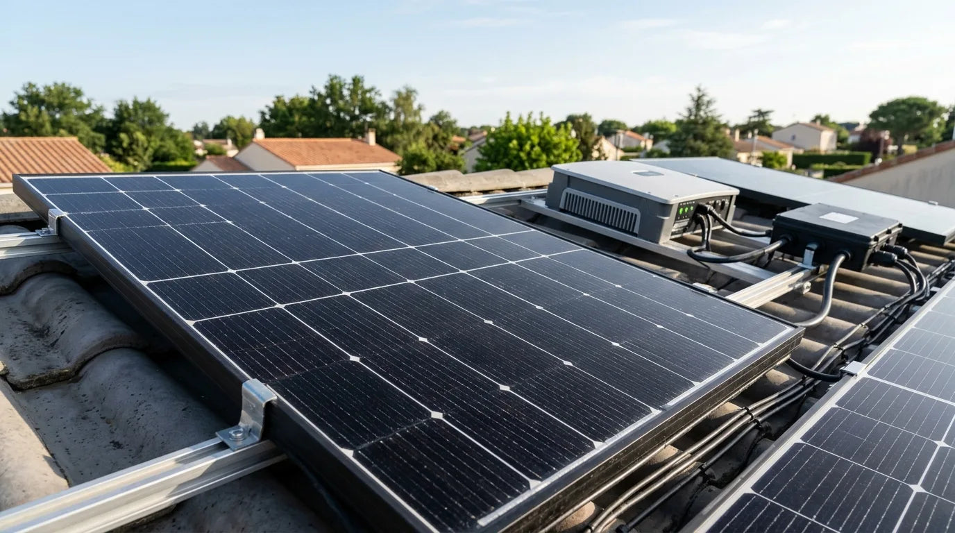 Panneaux solaires monocristallins sur toiture résidentielle française avec onduleur et boîtier de jonction en arrière-plan, lumière matinale naturelle — illustration du glossaire photovoltaïque