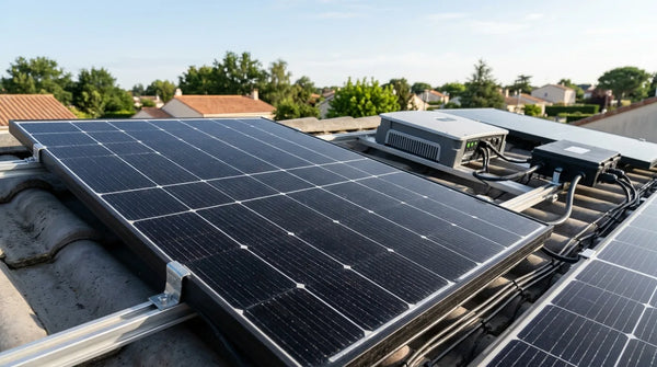 Panneaux solaires monocristallins sur toiture résidentielle française avec onduleur et boîtier de jonction en arrière-plan, lumière matinale naturelle — illustration du glossaire photovoltaïque