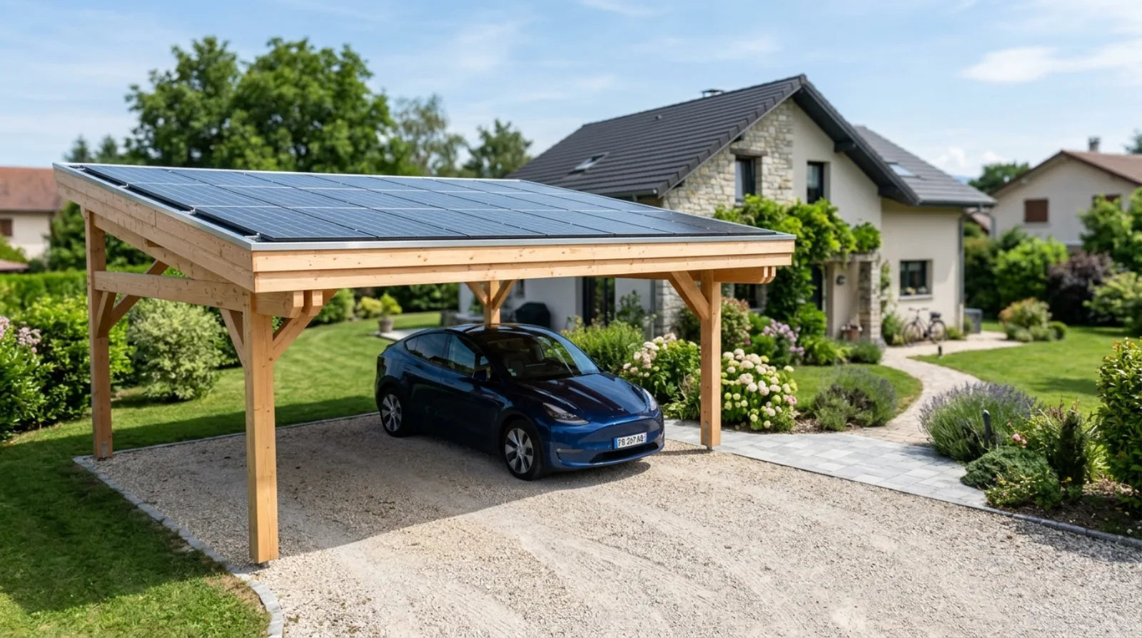 Carport solaire en bois recouvert de panneaux photovoltaïques abritant une voiture dans une allée résidentielle française