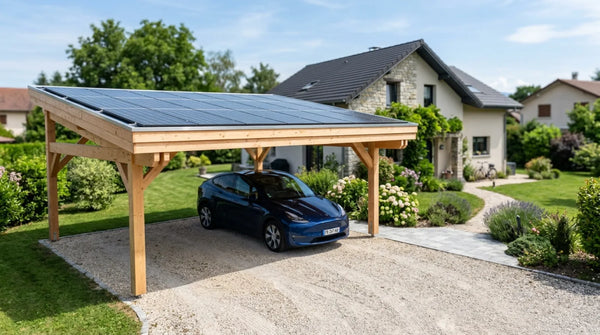 Carport solaire en bois recouvert de panneaux photovoltaïques abritant une voiture dans une allée résidentielle française