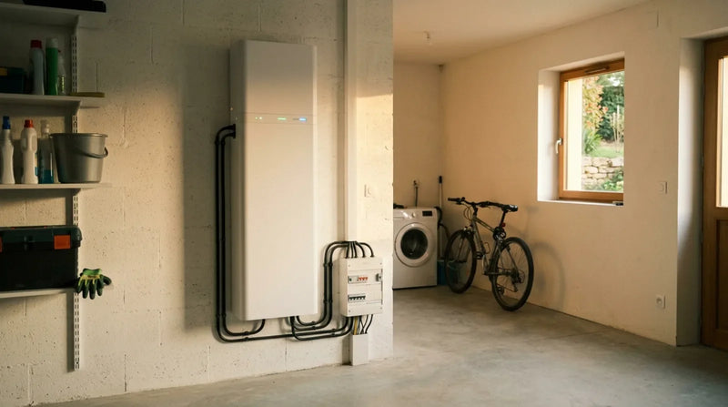Batterie domestique de stockage solaire Sunology fixée au mur d'un garage de maison résidentielle française — câblage propre vers le tableau électrique.