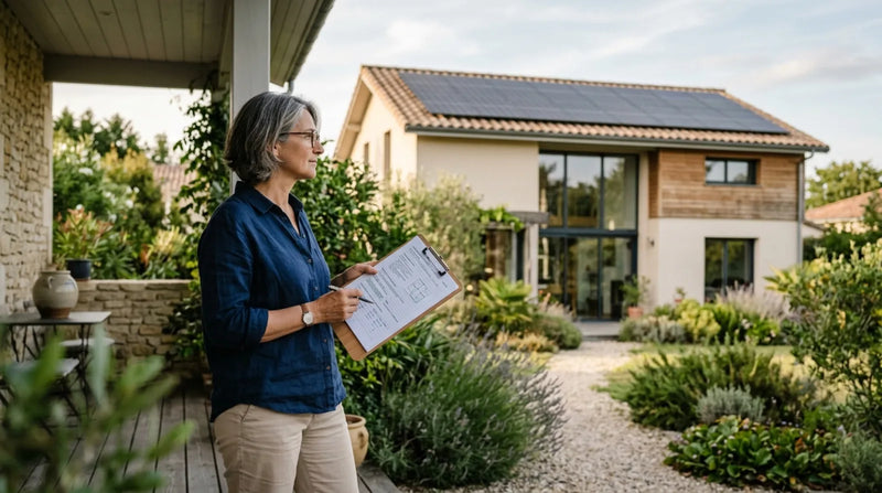 Femme sur une terrasse examinant un document d'assurance, face à une maison française équipée de panneaux solaires en toiture, lumière d'après-midi.