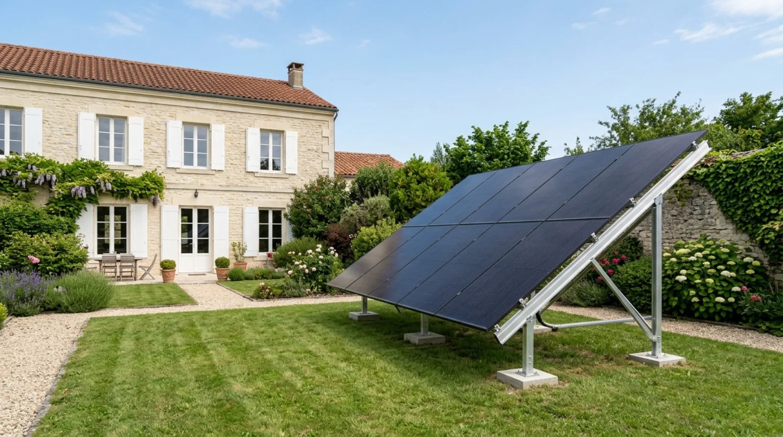 Kit solaire au sol monté sur structure aluminium dans le jardin d'une maison de campagne française en pierre claire — alternative à la pose en toiture