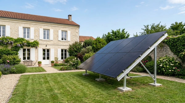 Kit solaire au sol monté sur structure aluminium dans le jardin d'une maison de campagne française en pierre claire — alternative à la pose en toiture