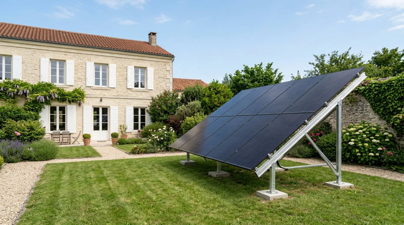 Kit solaire au sol monté sur structure aluminium dans le jardin d'une maison de campagne française en pierre claire — alternative à la pose en toiture