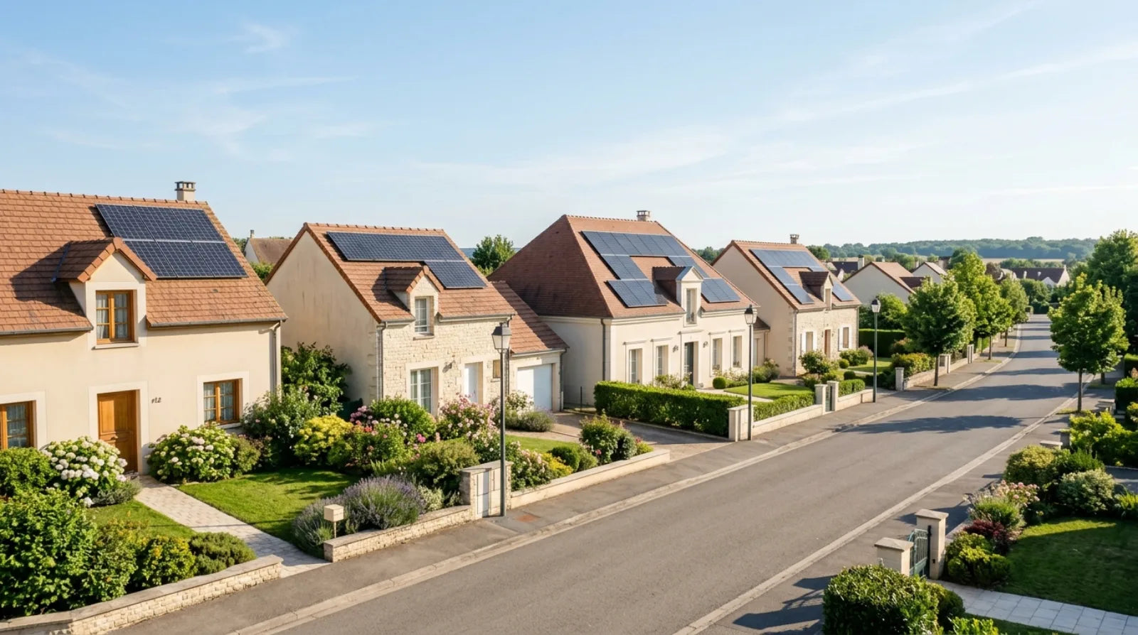Quartier résidentiel français avec panneaux solaires installés sur plusieurs toitures voisines — illustration d'une opération d'autoconsommation collective