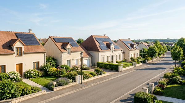 Quartier résidentiel français avec panneaux solaires installés sur plusieurs toitures voisines — illustration d'une opération d'autoconsommation collective