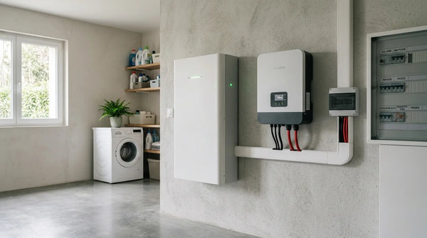 Batterie LiFePO4 murale et onduleur hybride installés dans la buanderie d'une maison française pour l'autoconsommation solaire.