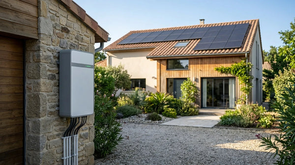 Maison individuelle avec panneaux solaires en toiture et batterie de stockage domestique fixée au mur, dans un jardin baigné de lumière naturelle.