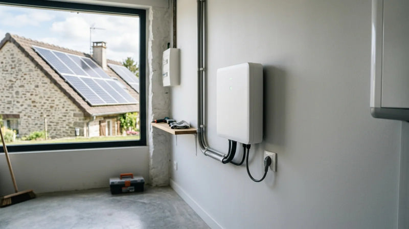 Batterie de stockage solaire Sunology installée dans un garage, branchée sur prise, avec panneaux solaires visibles sur le toit en arrière-plan.