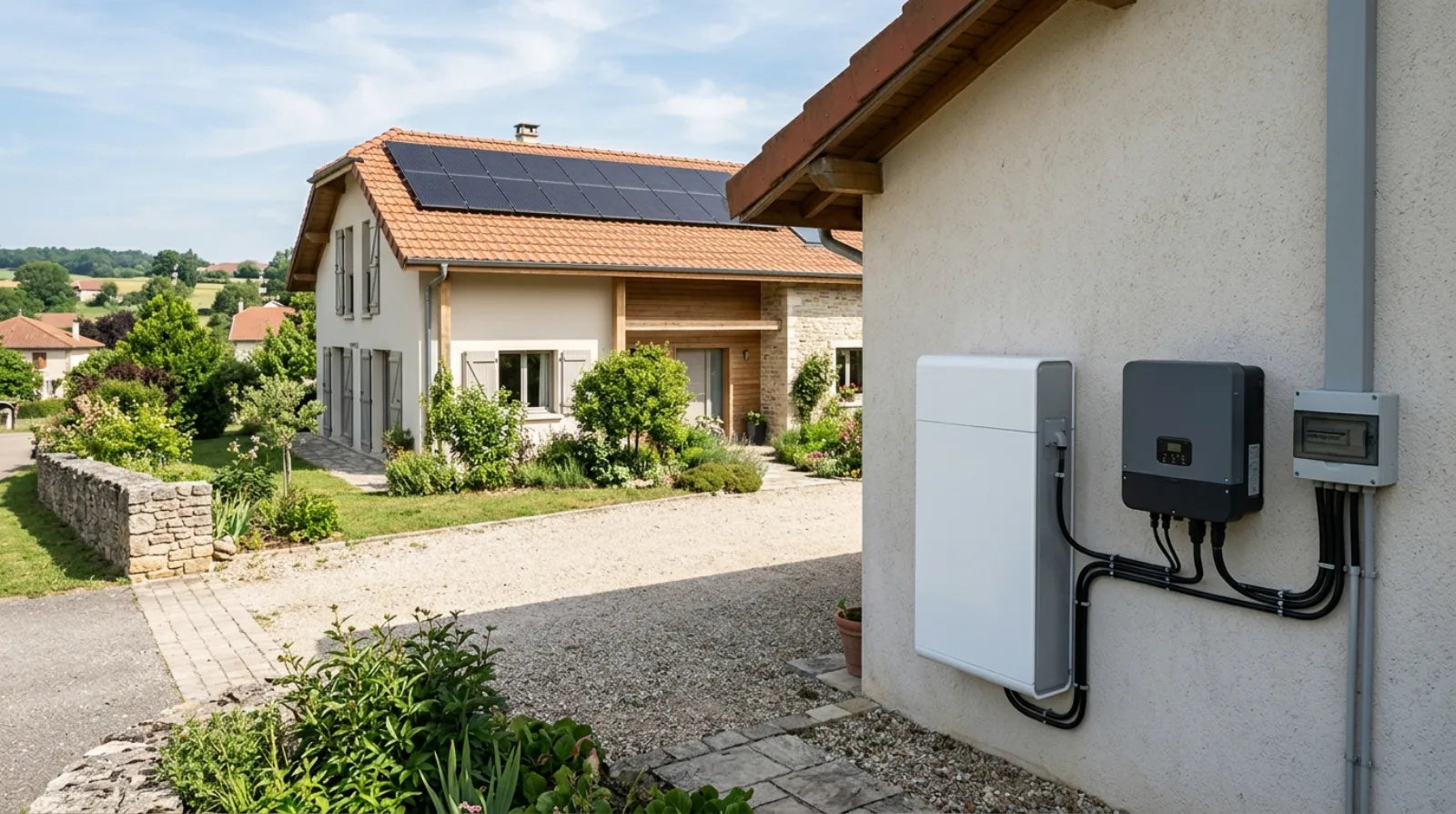 Batterie de stockage solaire blanche et onduleur hybride fixés au mur extérieur d'une maison française équipée de panneaux solaires en toiture.