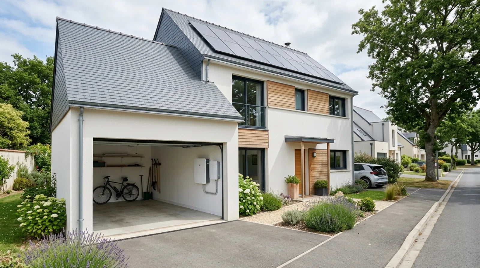Maison résidentielle française moderne avec panneaux solaires en toiture et batterie LFP murale visible dans le garage, contexte pavillonnaire contemporain, lumière naturelle