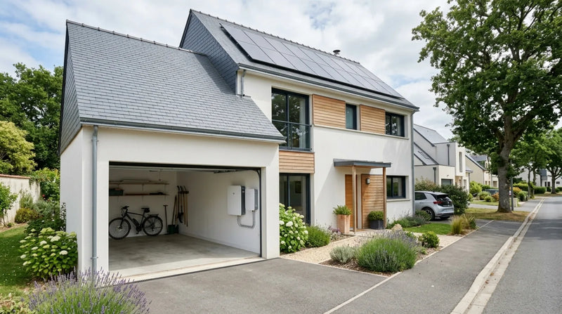 Maison résidentielle française moderne avec panneaux solaires en toiture et batterie LFP murale visible dans le garage, contexte pavillonnaire contemporain, lumière naturelle
