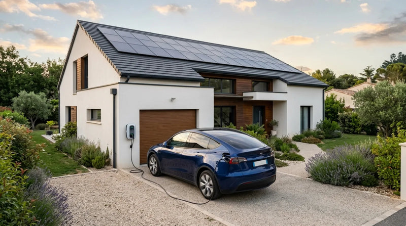 Maison individuelle française avec panneaux solaires en toiture et borne de recharge murale rechargeant un véhicule électrique dans l'allée.