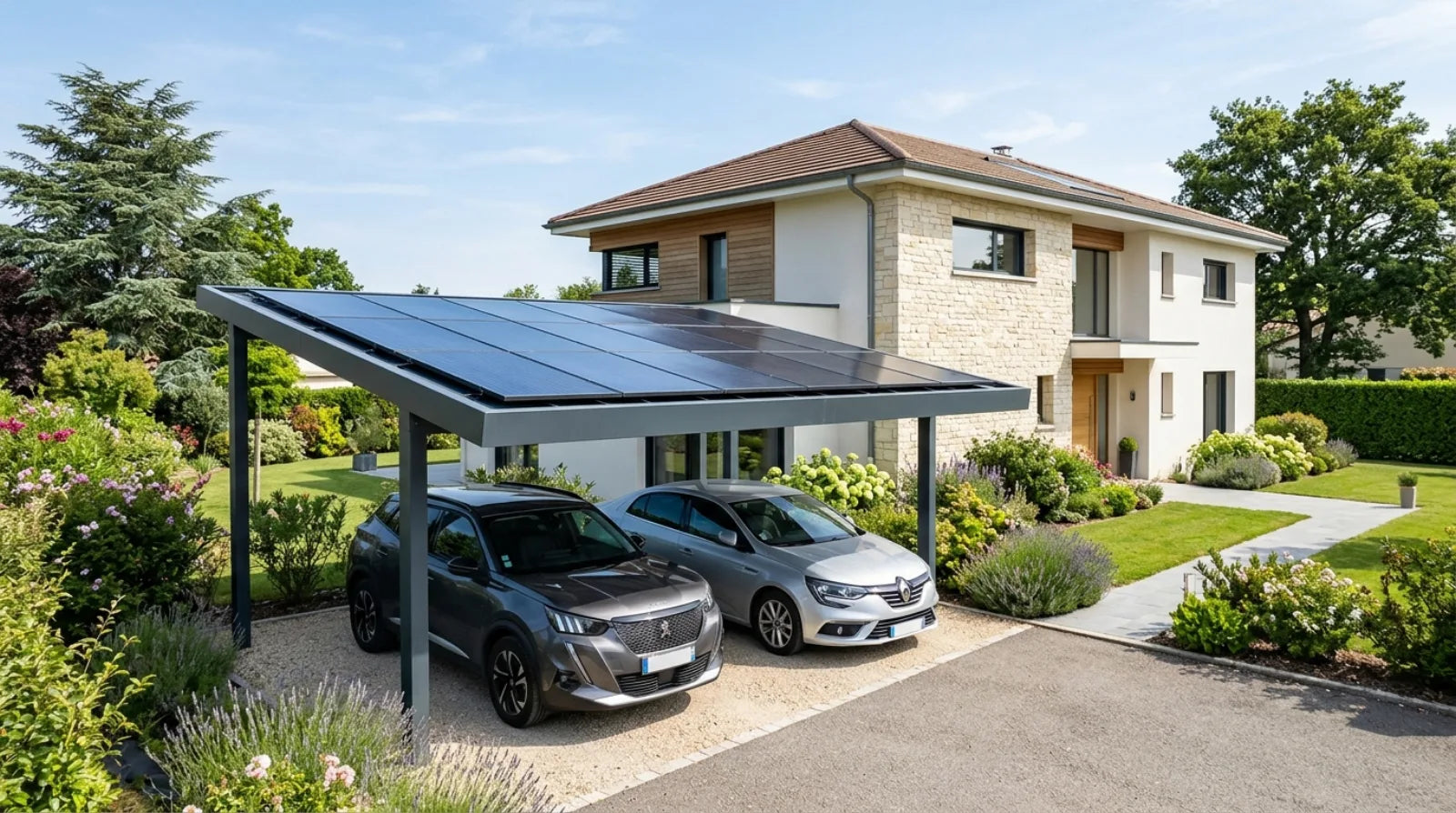 Carport solaire aluminium 3 kWc abritant deux voitures dans l'allée d'une maison française avec panneaux monocristallins sous ciel ensoleillé