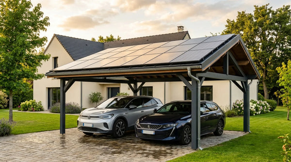 Carport solaire 2 places avec panneaux photovoltaïques sur le toit dans une résidence française, deux voitures garées dessous au coucher du soleil