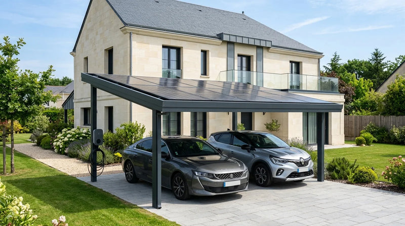 Carport solaire 3 kWc avec panneaux photovoltaïques intégrés, borne de recharge wallbox et deux voitures garées devant une maison française en pierre claire