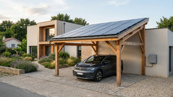 Carport solaire en bois avec panneaux photovoltaïques et batterie de stockage murale, devant une maison individuelle moderne en France