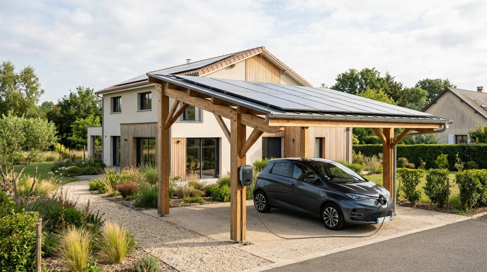 Carport solaire en bois avec panneaux photovoltaïques abritant une voiture électrique en charge sur une borne murale, maison moderne en arrière-plan.