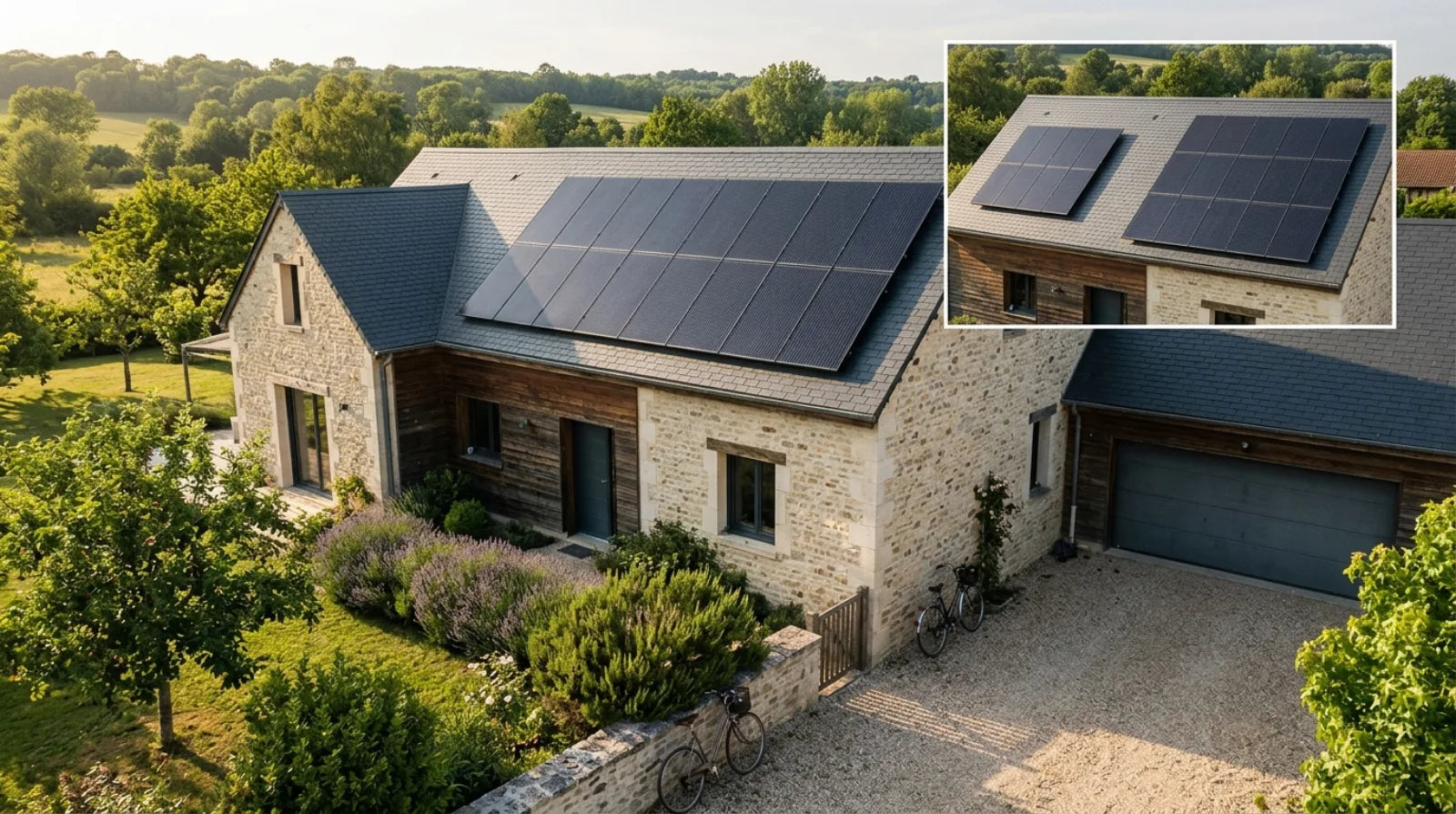 Maison en pierre avec panneaux solaires en toiture, comparatif de deux tailles de kit pour illustrer le choix de puissance adapté à la consommation.