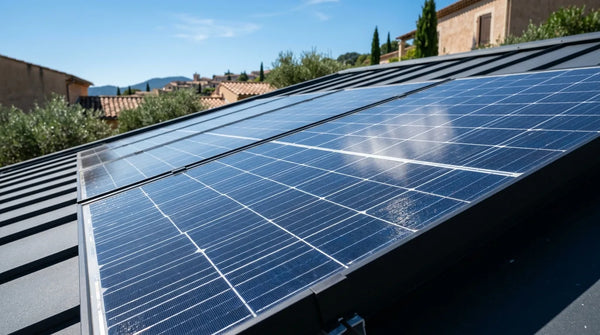 Panneaux solaires photovoltaïques sur toit résidentiel français, gros plan sur les cellules sous ciel bleu