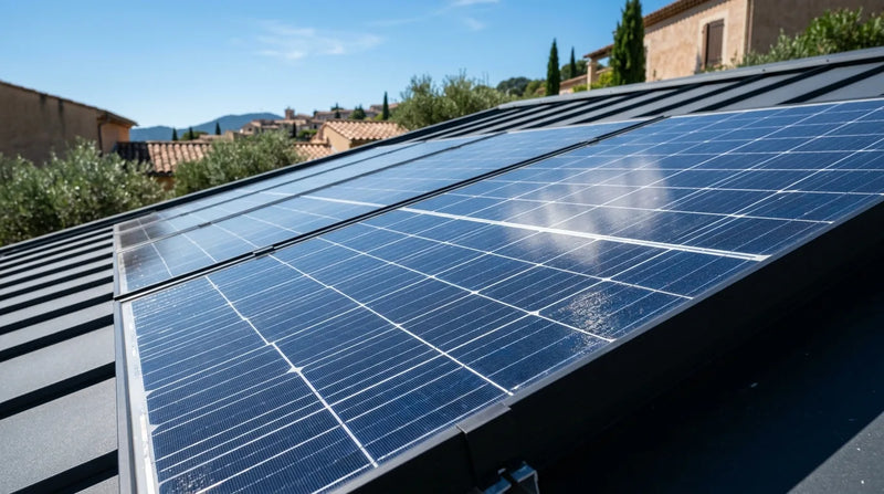 Panneaux solaires photovoltaïques sur toit résidentiel français, gros plan sur les cellules sous ciel bleu