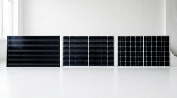 Trois panneaux solaires monocristallins Tier 1 côte à côte — comparatif des marques LONGi, Trina Solar, JA Solar et Jinko pour une installation résidentielle en 2026