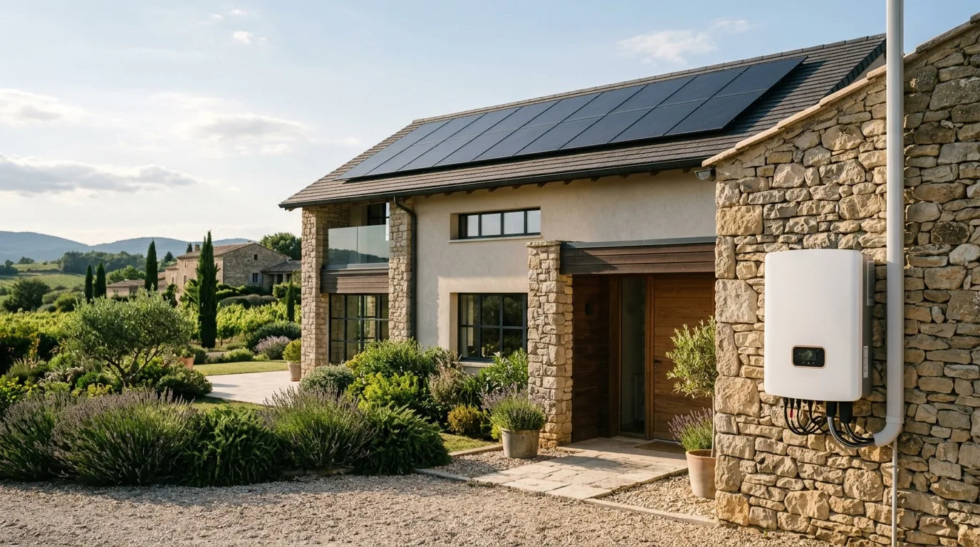 Maison française avec panneaux solaires sur toiture et onduleur hybride blanc mural — comparatif Livoltek, Huawei, Solis, GoodWe avec monitoring natif inclus