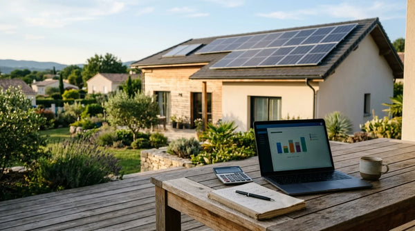 Calculatrice, carnet et ordinateur portable sur une table extérieure, devant une maison française équipée de panneaux solaires en toiture.