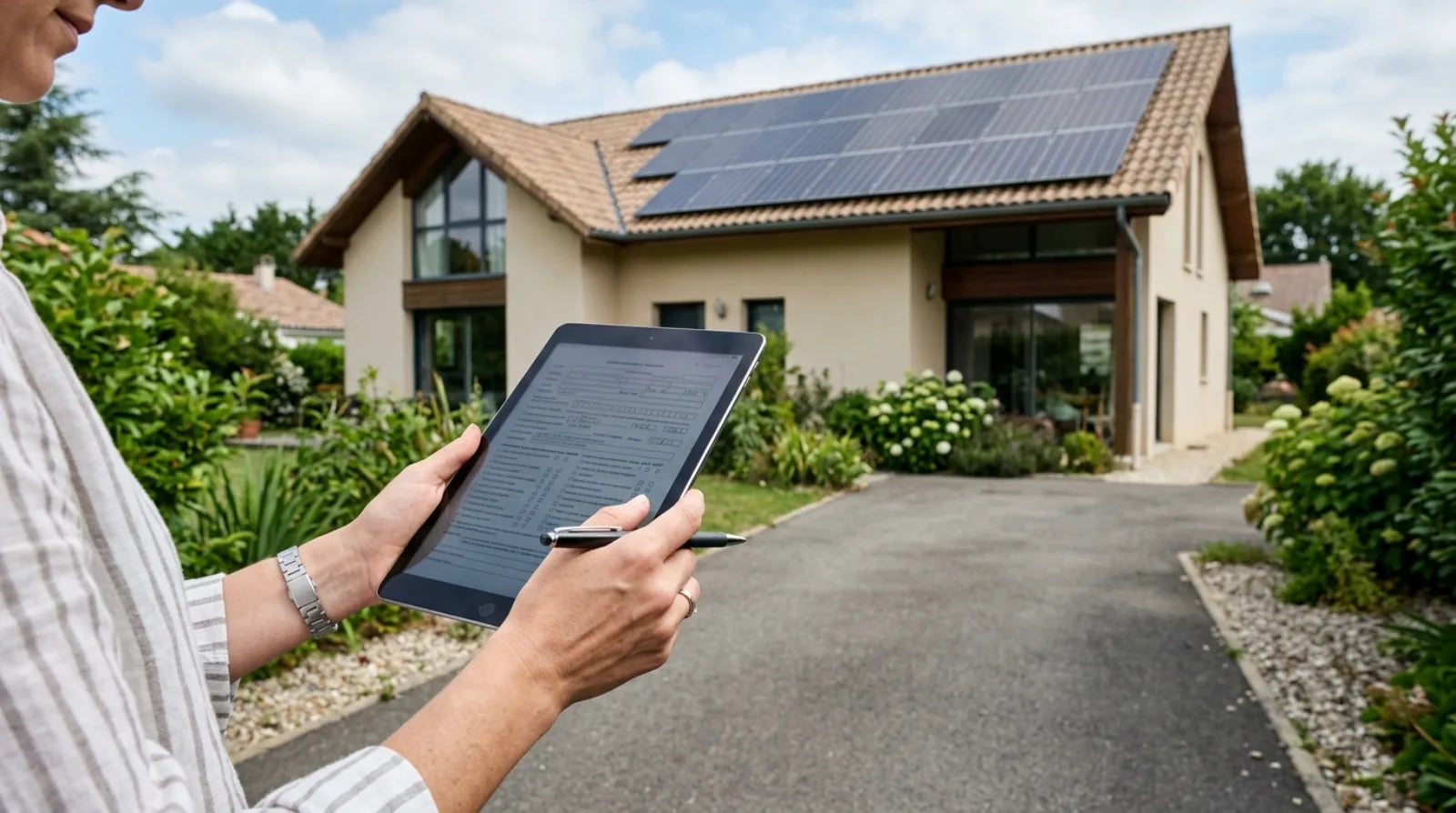 Propriétaire consultant un formulaire administratif sur tablette devant une maison française équipée de panneaux solaires en toiture.