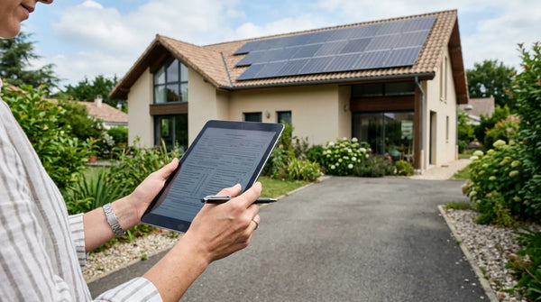 Propriétaire consultant un formulaire administratif sur tablette devant une maison française équipée de panneaux solaires en toiture.