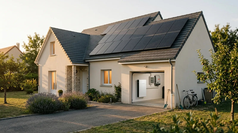 Maison française avec panneaux solaires en toiture et batterie de stockage domestique installée dans le garage, lumière de fin de journée.