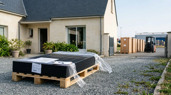 Pallette de panneaux solaires monocristallins fraîchement livrée devant une maison française en pierre claire, avec entrepôt logistique flou en arrière-plan illustrant l'achat direct usine