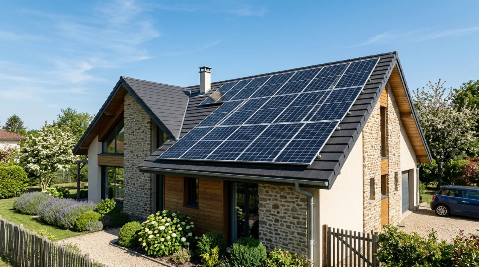 Toiture d'une maison en pierre avec panneaux solaires bien entretenus, sous ciel bleu, illustrant la durabilité d'une installation photovoltaïque