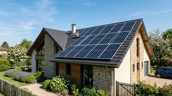 Toiture d'une maison en pierre avec panneaux solaires bien entretenus, sous ciel bleu, illustrant la durabilité d'une installation photovoltaïque