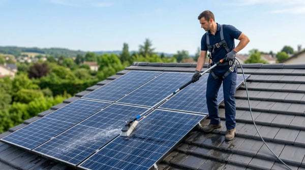 Un technicien nettoie à la brosse télescopique les panneaux solaires installés sur la toiture en tuiles d'une maison contemporaine en pierre, par temps clair — illustration de l'entretien des panneaux photovoltaïques