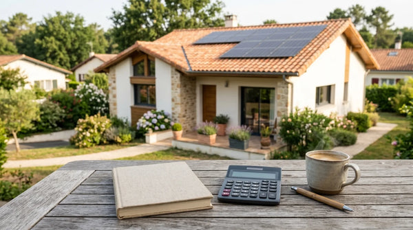 Maison française avec panneaux solaires en toiture, calculatrice et carnet sur une table extérieure évoquant le budget d'un projet solaire.