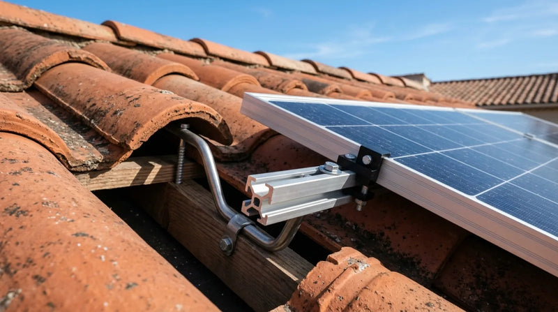Gros plan sur un crochet et un rail de fixation en aluminium tenant un panneau solaire sur une toiture en tuiles françaises, sous un ciel bleu.
