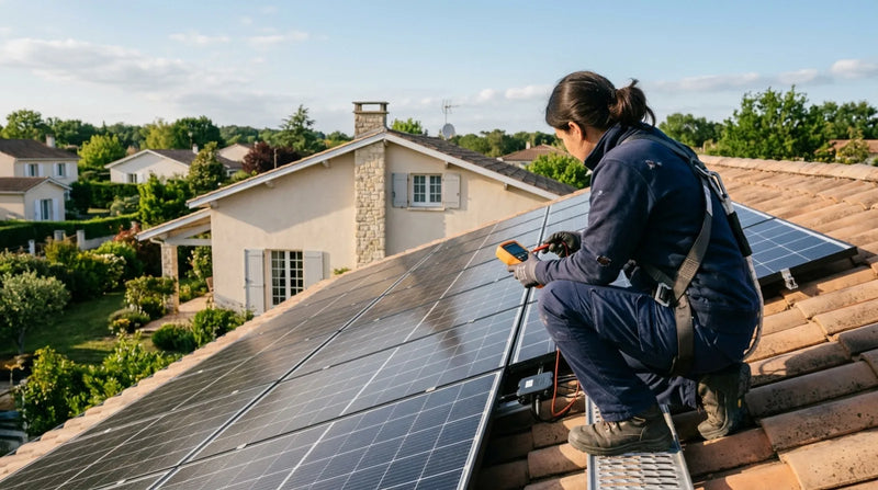 Technicien solaire inspectant des panneaux photovoltaïques sur le toit d'une maison en France, illustrant le service après-vente et la garantie