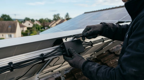 Installateur fixant un micro-onduleur sous des panneaux solaires en toiture d'une maison individuelle française, câblage soigné.