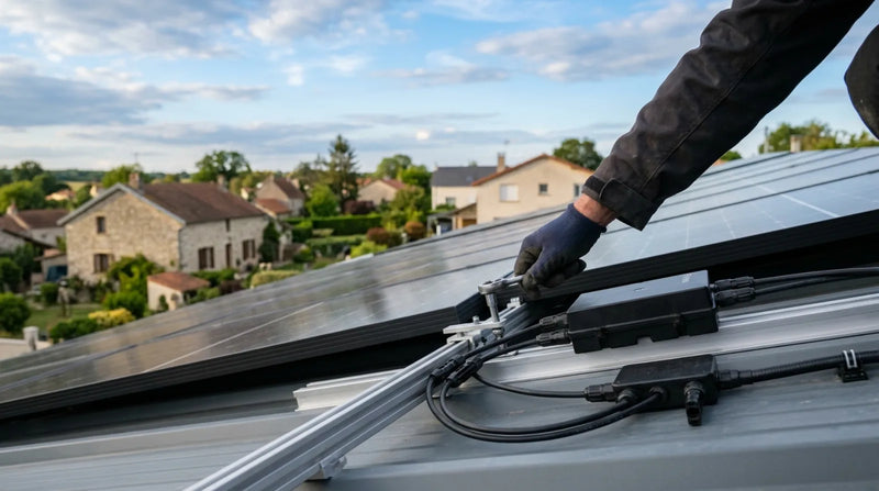 Technicien installant un micro-onduleur solaire sous un panneau photovoltaïque sur une toiture résidentielle française