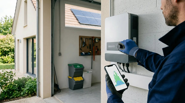 Technicien réglant un onduleur hybride Livoltek dans un garage résidentiel, application de suivi solaire affichée sur smartphone
