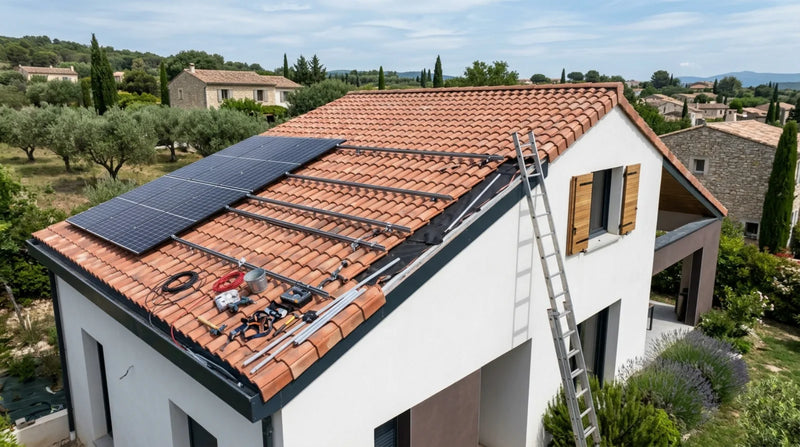Toiture de maison individuelle française avec panneaux solaires en cours d'installation, rails de fixation, câbles et outils visibles, échelle contre la façade, lumière naturelle.