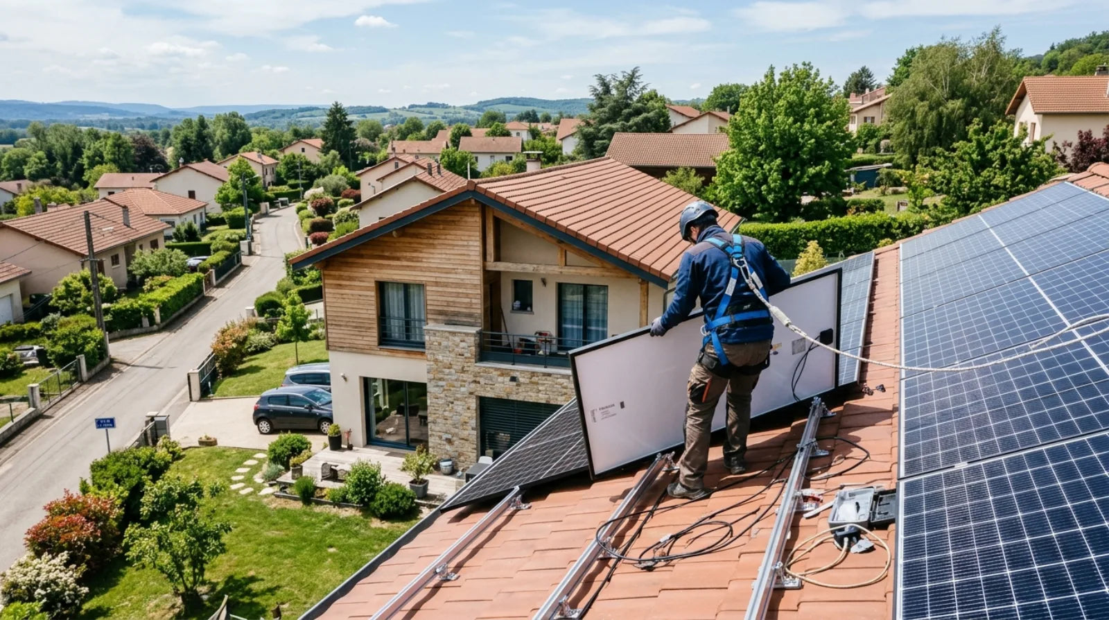 Technicien installant des panneaux solaires sur le toit en tuiles d'une maison française, harnais de sécurité, rails et câblage visibles.
