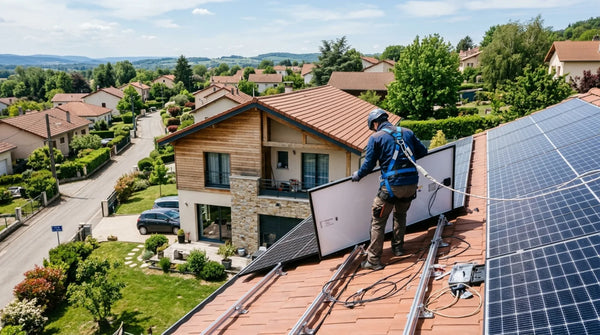 Technicien installant des panneaux solaires sur le toit en tuiles d'une maison française, harnais de sécurité, rails et câblage visibles.