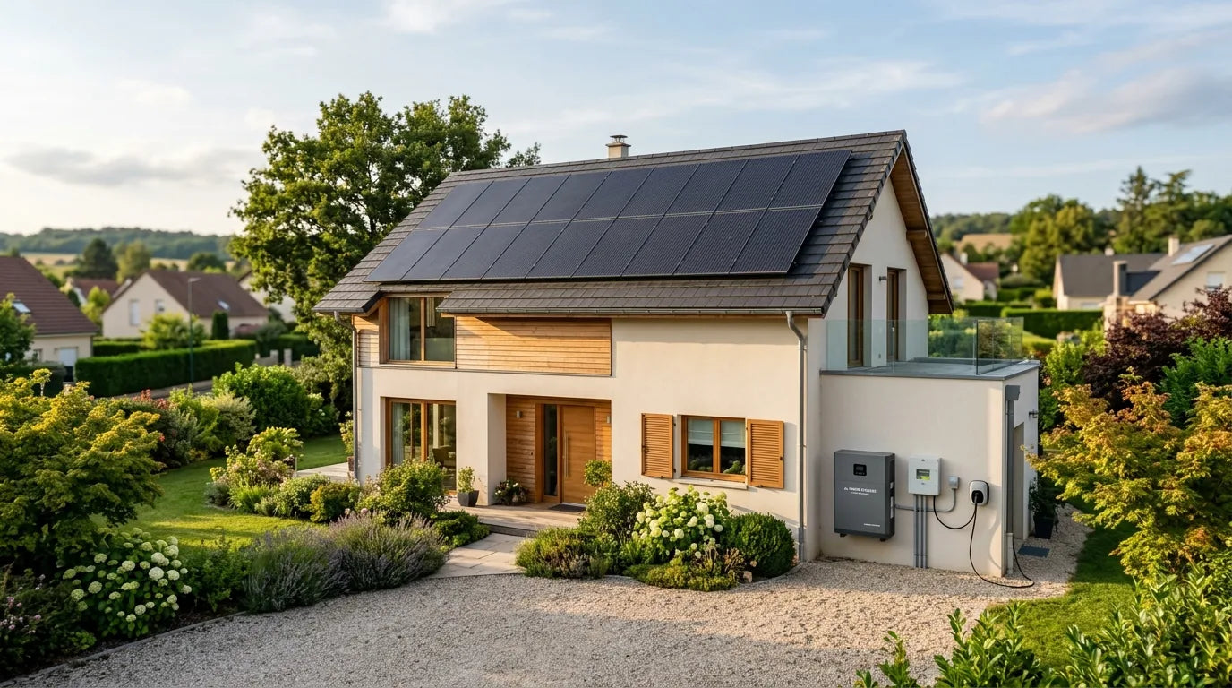 Maison individuelle française avec installation solaire en toiture et unité de stockage d'énergie montée en façade — kit autoconsommation Livoltek avec monitoring natif intégré
