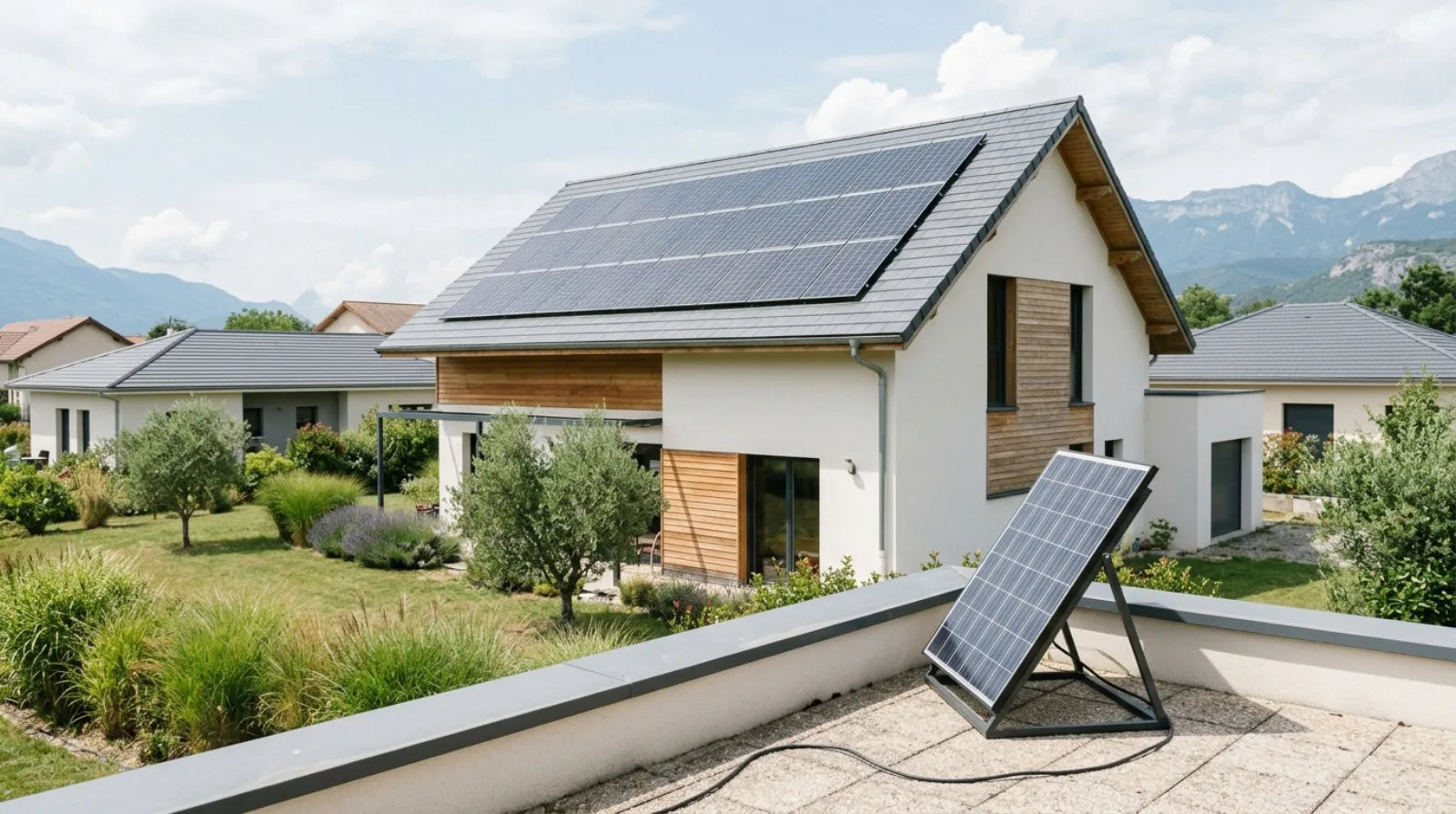 Maison individuelle avec kit solaire en toiture et petit panneau solaire plug and play posé sur une terrasse, comparaison des deux formats d'autoconsommation