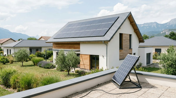 Maison individuelle avec kit solaire en toiture et petit panneau solaire plug and play posé sur une terrasse, comparaison des deux formats d'autoconsommation