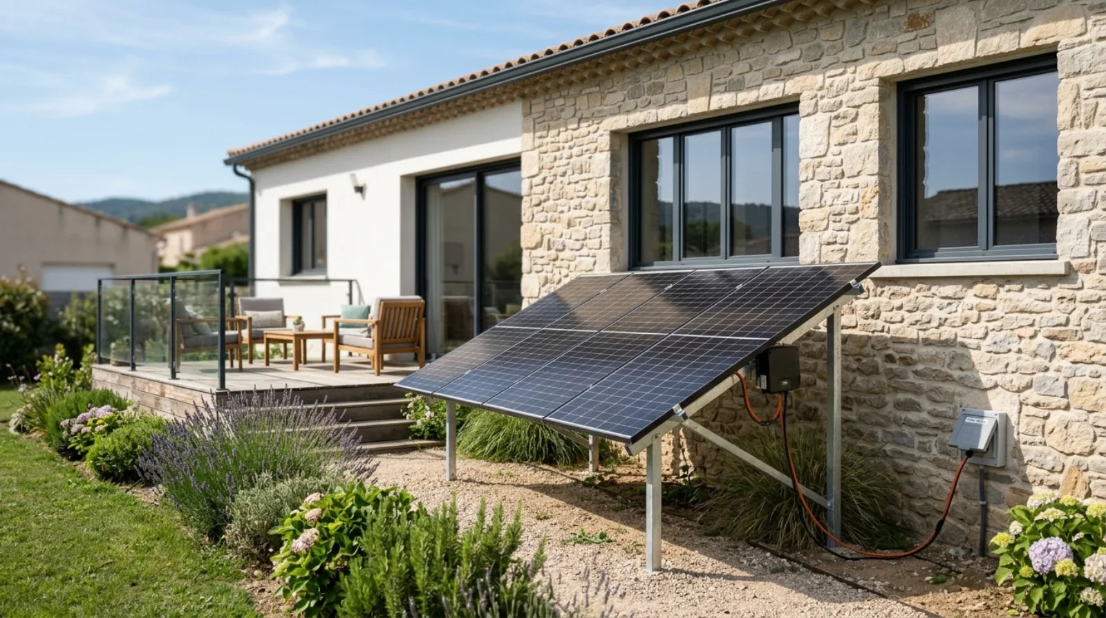 Kit solaire plug and play de 3000 W installé au sol dans un jardin, contre la façade d'une maison française, sous un ciel bleu.